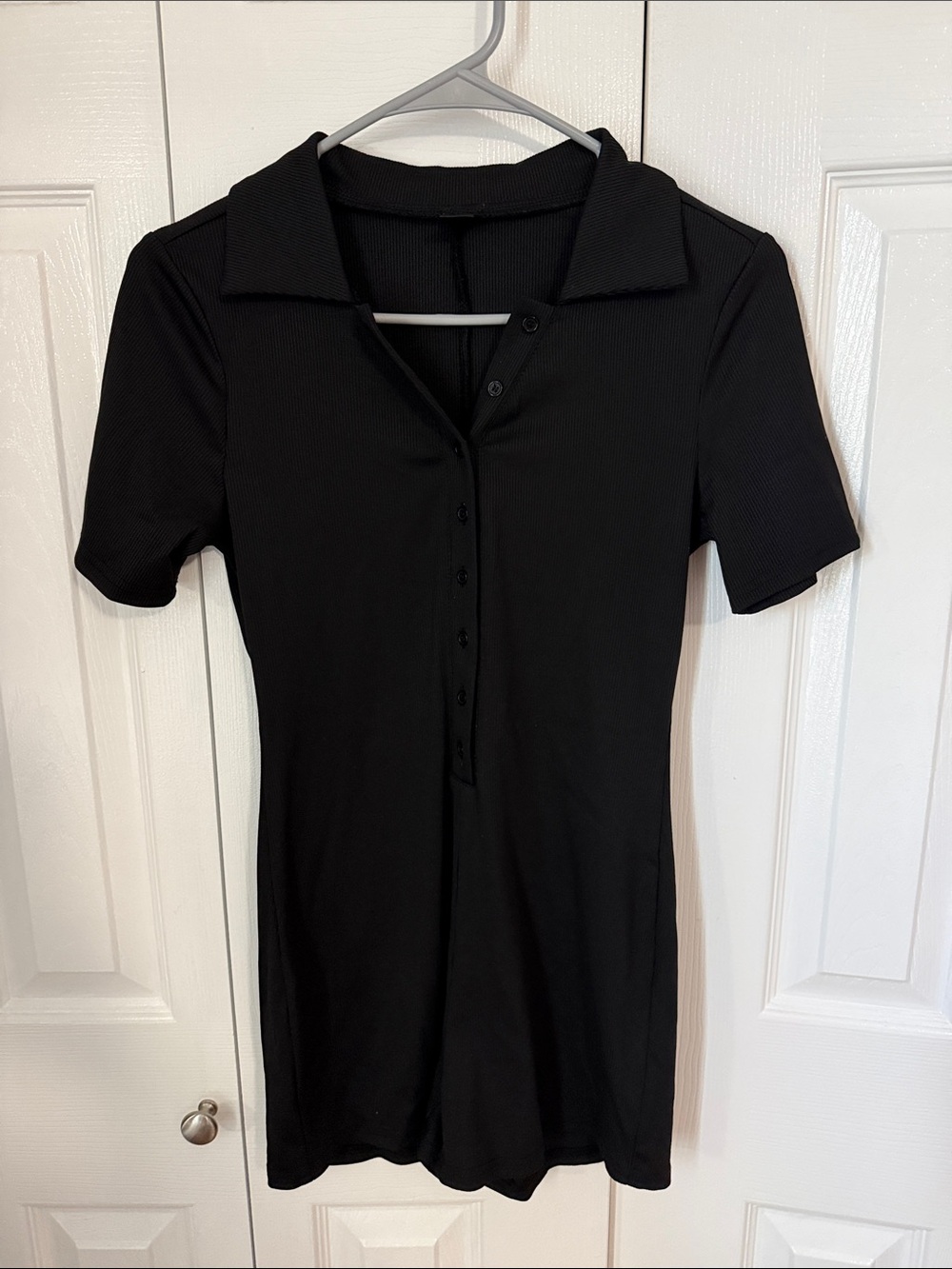 Black Collared Ribbed Button-Front romper